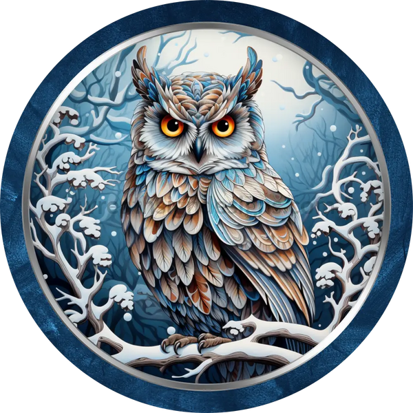 Winter Owl Silver And Blue- Round Metal Sign 6 Circle