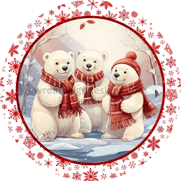 Winter Polar Bears Red Wreath Sign 8 Circle