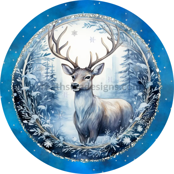 Winter Reindeer Blue And Silver Wreath Sign 6