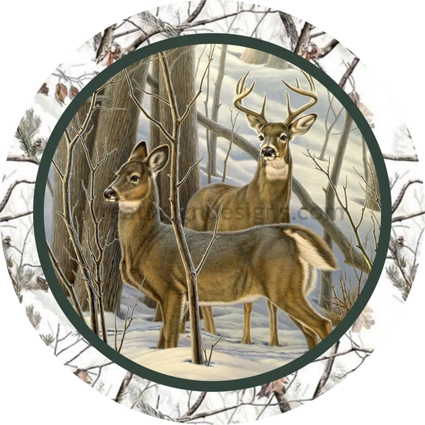 Winter Snow Deer Buck And Doe Round Metal Wreath Sign 8