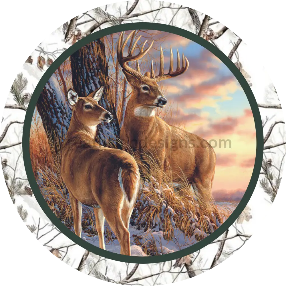 Winter Sunset Deer Buck And Doe Round Metal Wreath Sign 10