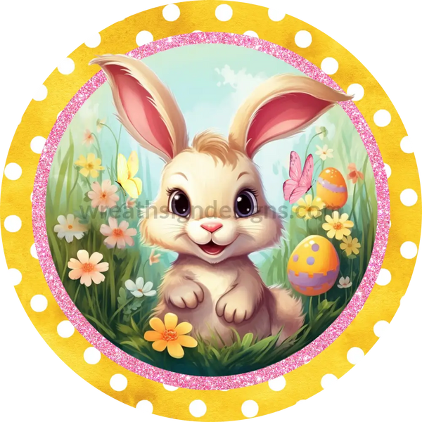 Yellow And Pink Easter Bunny- Round Metal Wreath Sign 6